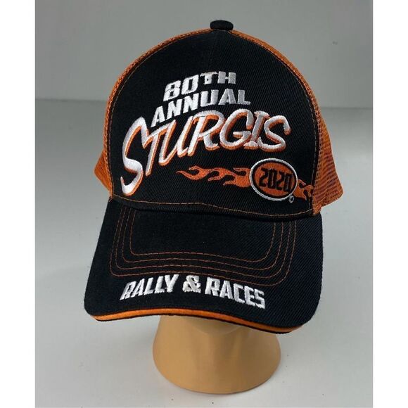 2020 80th Annual Sturgis Rally & Races Mesh Back Adjustable Hat Cap Orange Black - Picture 1 of 7